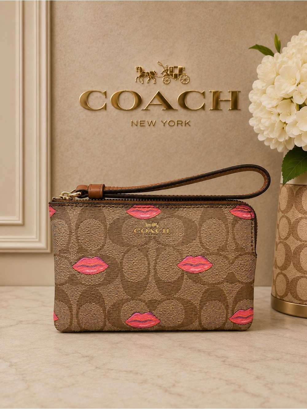Coach Signature Canvas Wristlet with Pink Lip Print